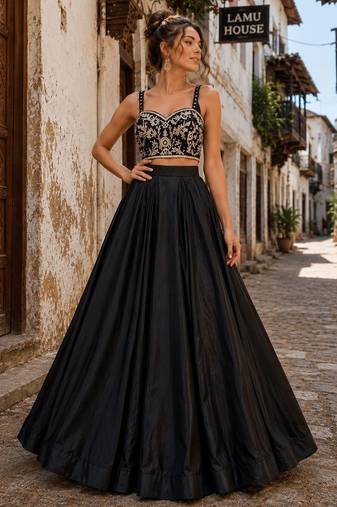 Black Festive H.O Silk Lehenga Set with Fancy Blouse