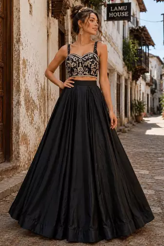 Black Festive H.O Silk Lehenga Set with Fancy Blouse