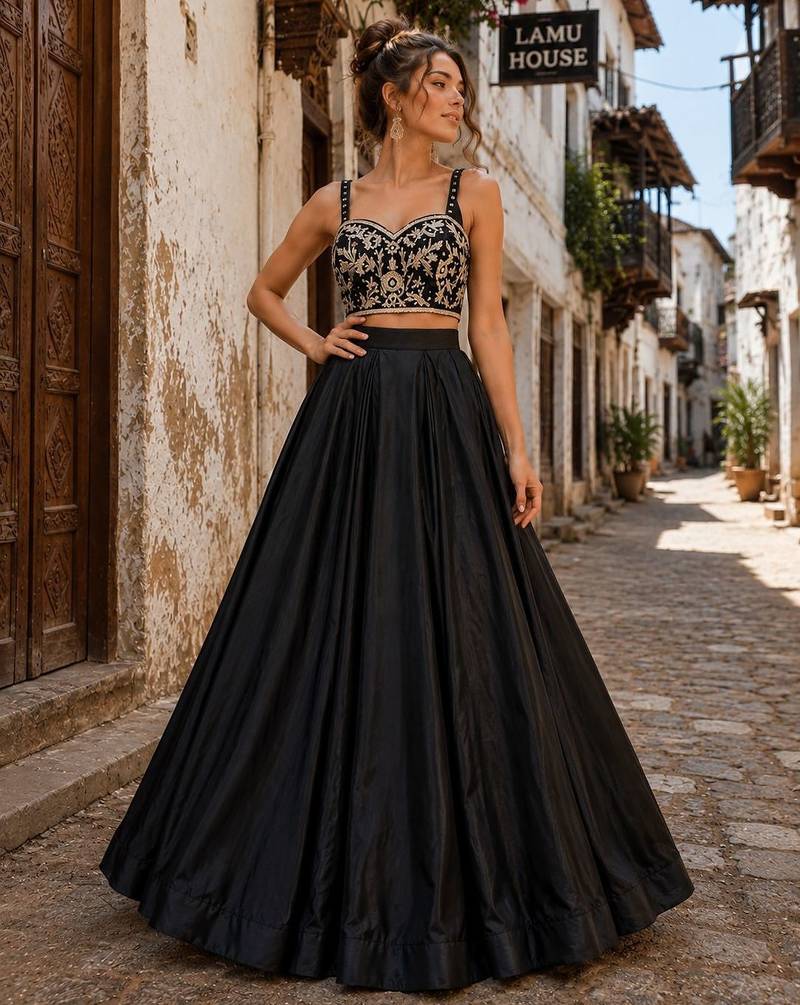 Black Festive H.O Silk Lehenga Set with Fancy Blouse