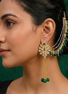 Kundan ear chain ear to hair chain green beads pearl bahubali jhumar rajputi bridal jewellery for women & girls 1