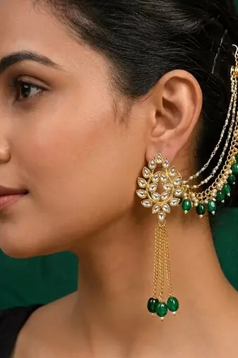 Kundan ear chain ear to hair chain green beads pearl bahubali jhumar rajputi bridal jewellery for women & girls
