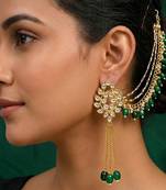 Kundan ear chain ear to hair chain green beads pearl bahubali jhumar rajputi bridal jewellery for women & girls