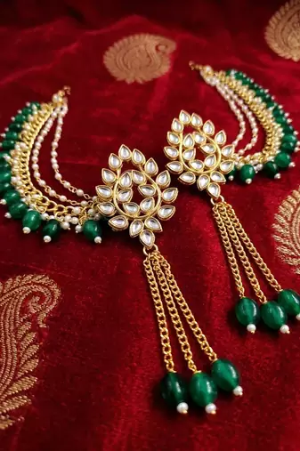 Kundan ear chain ear to hair chain green beads pearl bahubali jhumar rajputi bridal jewellery for women & girls