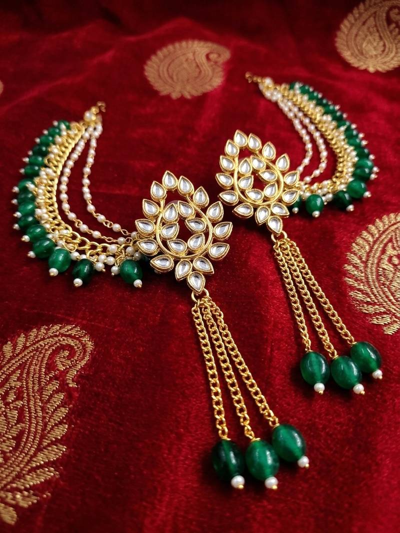 Kundan ear chain ear to hair chain green beads pearl bahubali jhumar rajputi bridal jewellery for women & girls