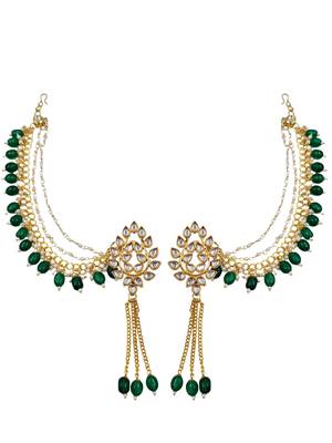 Kundan ear chain ear to hair chain green beads pearl bahubali jhumar rajputi bridal jewellery for women & girls 3
