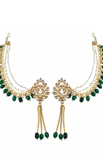 Kundan ear chain ear to hair chain green beads pearl bahubali jhumar rajputi bridal jewellery for women & girls