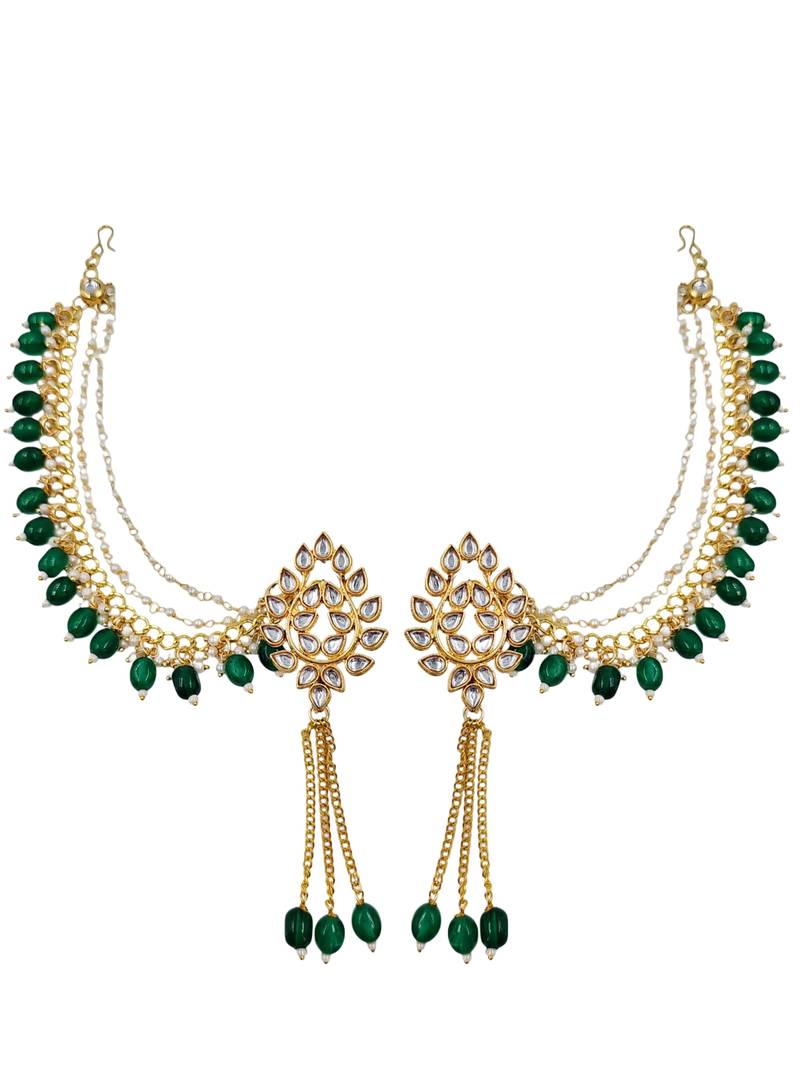 Kundan ear chain ear to hair chain green beads pearl bahubali jhumar rajputi bridal jewellery for women & girls