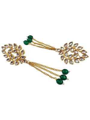 Kundan ear chain ear to hair chain green beads pearl bahubali jhumar rajputi bridal jewellery for women & girls 4