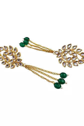 Kundan ear chain ear to hair chain green beads pearl bahubali jhumar rajputi bridal jewellery for women & girls