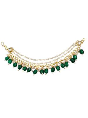 Kundan ear chain ear to hair chain green beads pearl bahubali jhumar rajputi bridal jewellery for women & girls 5