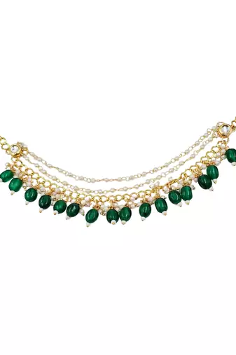 Kundan ear chain ear to hair chain green beads pearl bahubali jhumar rajputi bridal jewellery for women & girls