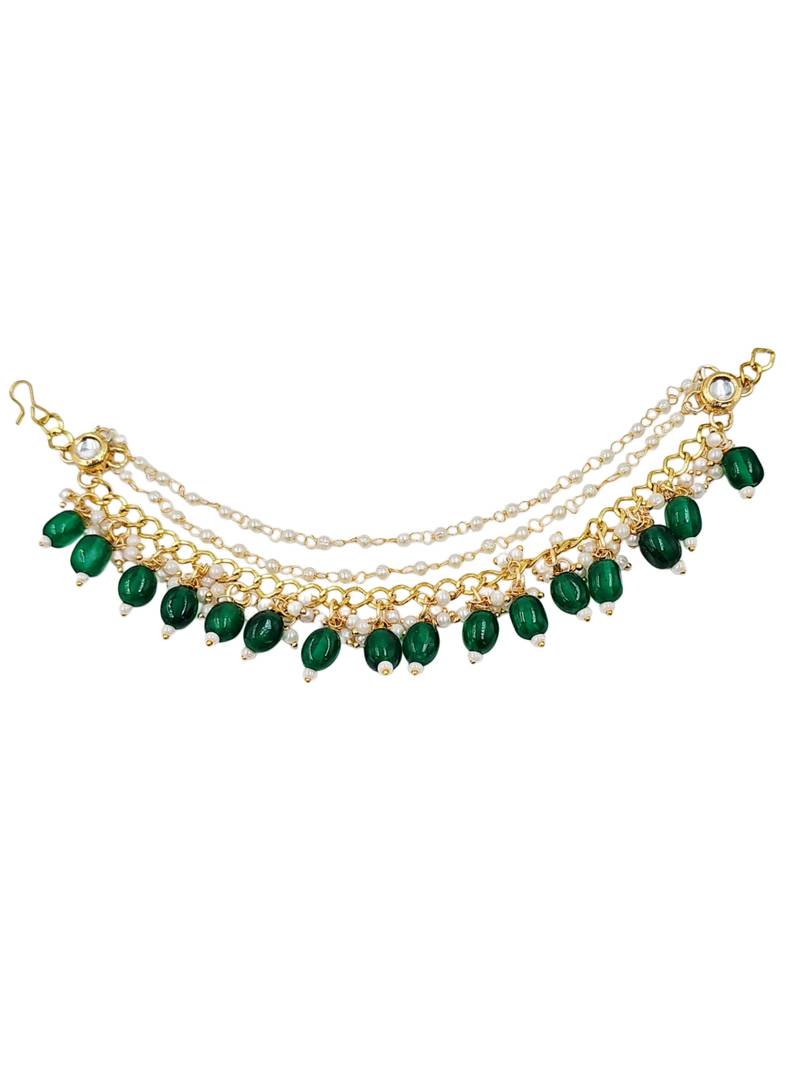 Kundan ear chain ear to hair chain green beads pearl bahubali jhumar rajputi bridal jewellery for women & girls