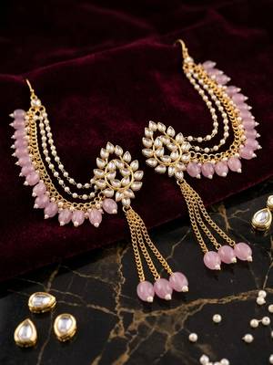 Kundan ear chain ear to hair chain green beads pearl bahubali jhumar rajputi bridal jewellery for women & girls 1