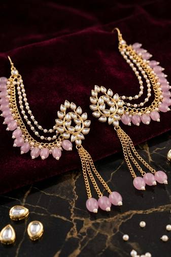 Kundan ear chain ear to hair chain green beads pearl bahubali jhumar rajputi bridal jewellery for women & girls