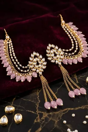 Kundan ear chain ear to hair chain green beads pearl bahubali jhumar rajputi bridal jewellery for women & girls