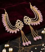 Kundan ear chain ear to hair chain green beads pearl bahubali jhumar rajputi bridal jewellery for women & girls