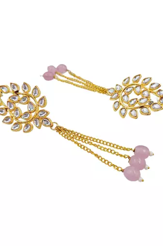 Kundan ear chain ear to hair chain green beads pearl bahubali jhumar rajputi bridal jewellery for women & girls
