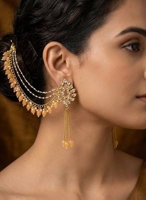 Kundan ear chain ear to hair chain green beads pearl bridal jewellery  1