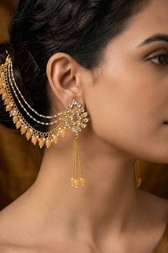 Kundan ear chain ear to hair chain green beads pearl bridal jewellery 