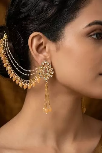 Kundan ear chain ear to hair chain green beads pearl bridal jewellery 