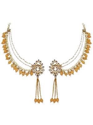 Kundan ear chain ear to hair chain green beads pearl bridal jewellery  2