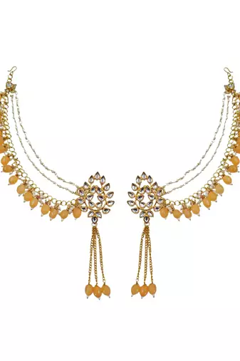 Kundan ear chain ear to hair chain green beads pearl bridal jewellery 