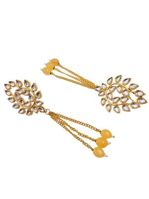 Kundan ear chain ear to hair chain green beads pearl bridal jewellery  3