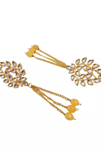 Kundan ear chain ear to hair chain green beads pearl bridal jewellery 