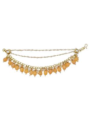 Kundan ear chain ear to hair chain green beads pearl bridal jewellery  4