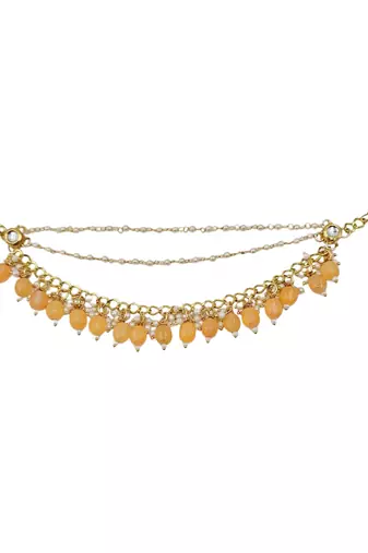 Kundan ear chain ear to hair chain green beads pearl bridal jewellery 