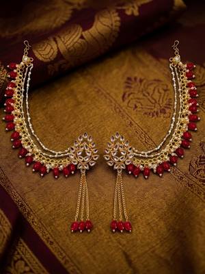 Kundan ear chain ear to hair chain green beads pearl bahubali jhumar rajputi bridal jewellery for women & girls 2
