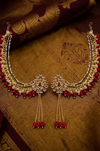 Kundan ear chain ear to hair chain green beads pearl bahubali jhumar rajputi bridal jewellery for women & girls