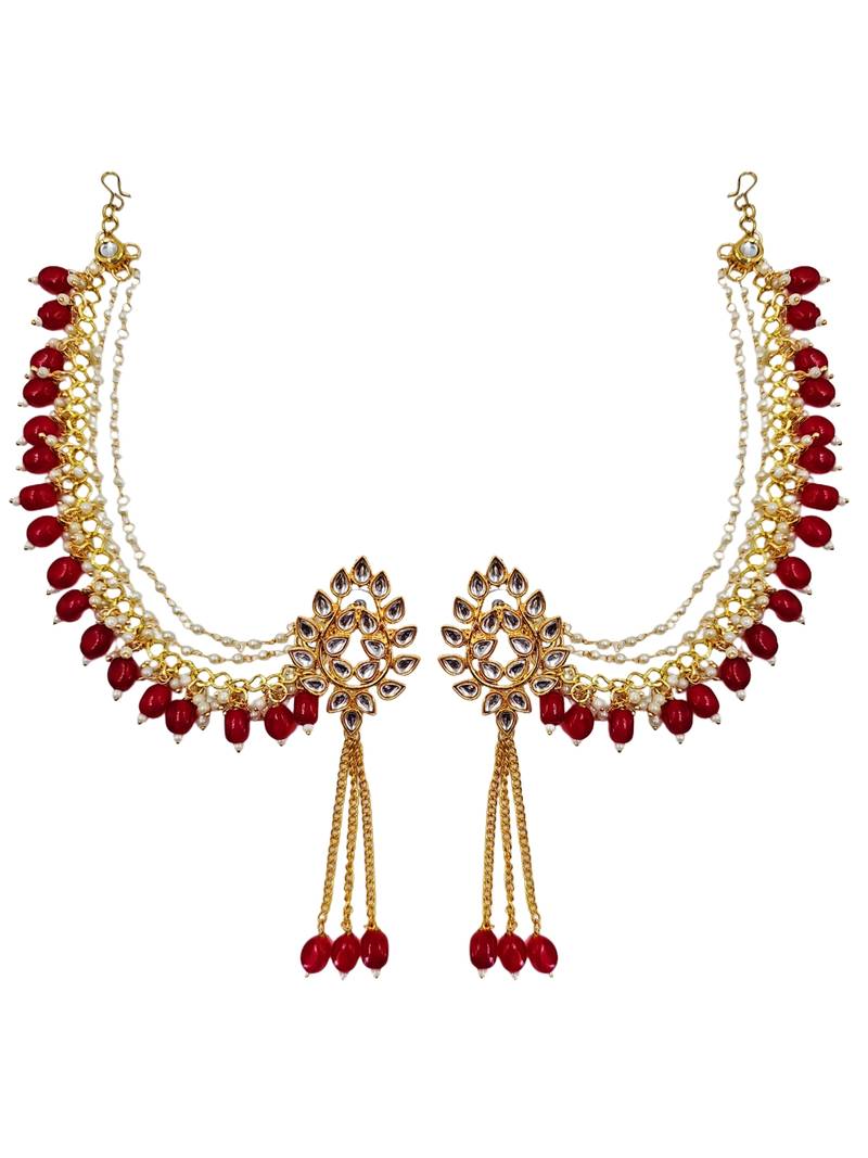 Kundan ear chain ear to hair chain green beads pearl bahubali jhumar rajputi bridal jewellery for women & girls