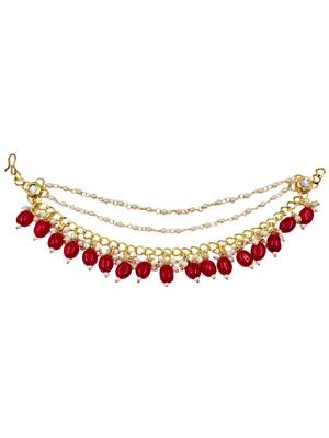 Kundan ear chain ear to hair chain green beads pearl bahubali jhumar rajputi bridal jewellery for women & girls 4