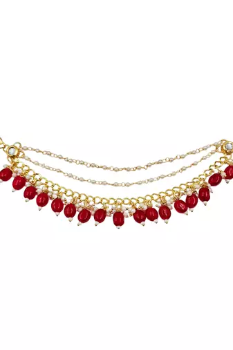 Kundan ear chain ear to hair chain green beads pearl bahubali jhumar rajputi bridal jewellery for women & girls