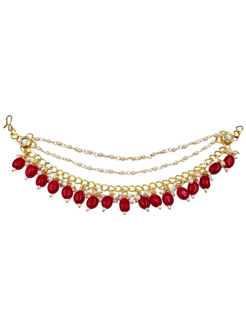 Kundan ear chain ear to hair chain green beads pearl bahubali jhumar rajputi bridal jewellery for women & girls