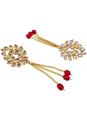 Kundan ear chain ear to hair chain green beads pearl bahubali jhumar rajputi bridal jewellery for women & girls 5