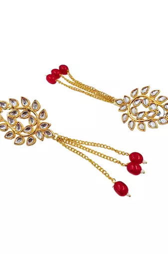 Kundan ear chain ear to hair chain green beads pearl bahubali jhumar rajputi bridal jewellery for women & girls