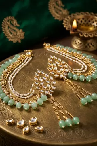 Kundan ear chain ear to hair chain green beads pearl bahubali jhumar rajputi bridal jewellery for women & girls