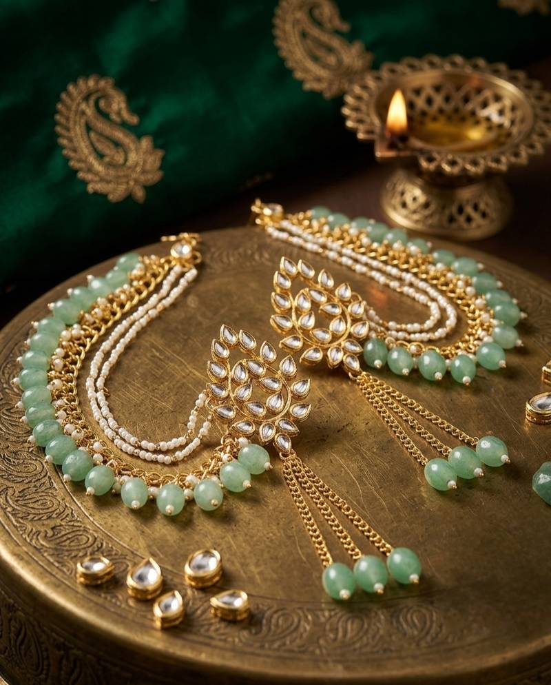 Kundan ear chain ear to hair chain green beads pearl bahubali jhumar rajputi bridal jewellery for women & girls