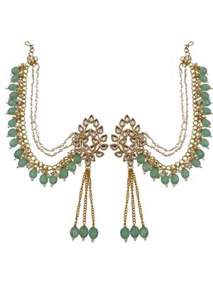 Kundan ear chain ear to hair chain green beads pearl bahubali jhumar rajputi bridal jewellery for women & girls 3