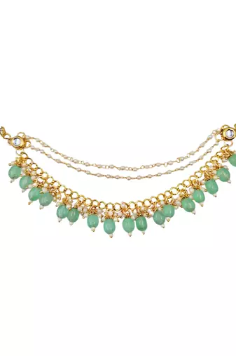 Kundan ear chain ear to hair chain green beads pearl bahubali jhumar rajputi bridal jewellery for women & girls
