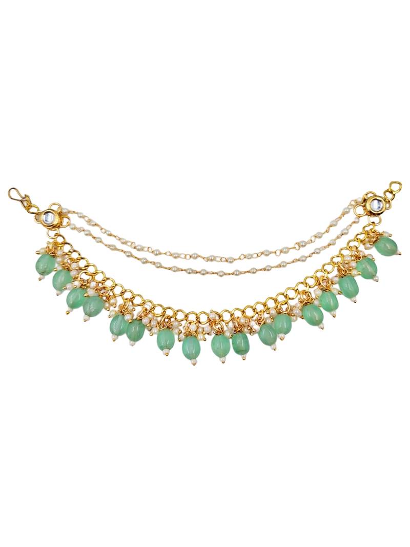 Kundan ear chain ear to hair chain green beads pearl bahubali jhumar rajputi bridal jewellery for women & girls