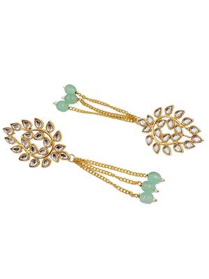 Kundan ear chain ear to hair chain green beads pearl bahubali jhumar rajputi bridal jewellery for women & girls 5