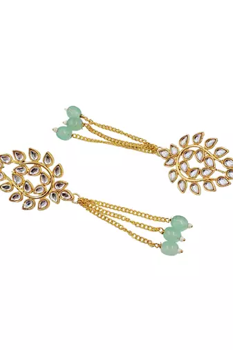 Kundan ear chain ear to hair chain green beads pearl bahubali jhumar rajputi bridal jewellery for women & girls