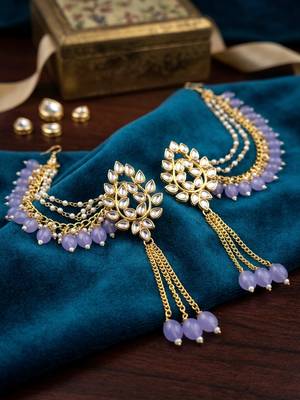 Kundan ear chain ear to hair chain green beads pearl bahubali jhumar rajputi bridal jewellery for women & girls 2