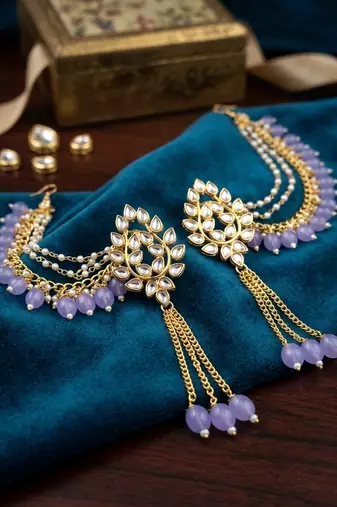Kundan ear chain ear to hair chain green beads pearl bahubali jhumar rajputi bridal jewellery for women & girls