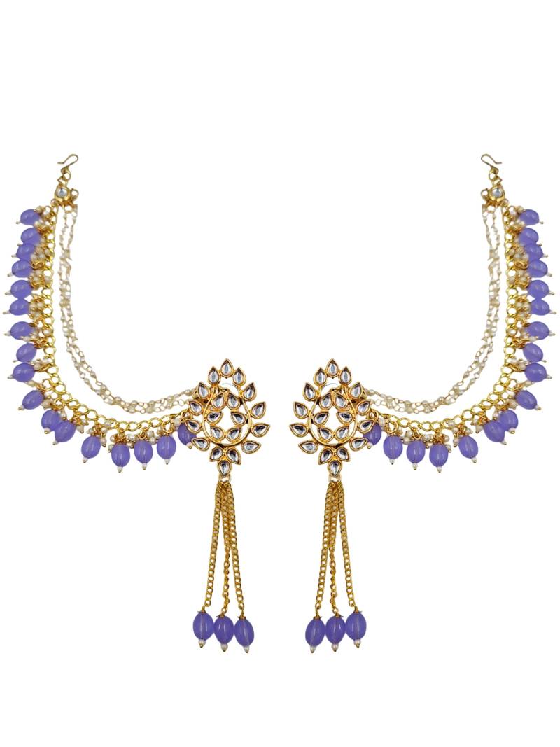 Kundan ear chain ear to hair chain green beads pearl bahubali jhumar rajputi bridal jewellery for women & girls