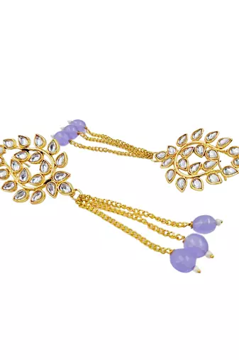 Kundan ear chain ear to hair chain green beads pearl bahubali jhumar rajputi bridal jewellery for women & girls