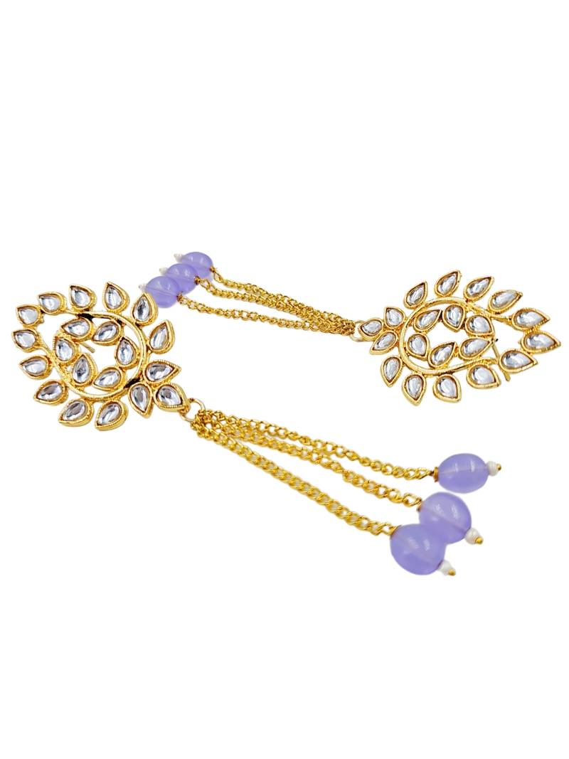 Kundan ear chain ear to hair chain green beads pearl bahubali jhumar rajputi bridal jewellery for women & girls